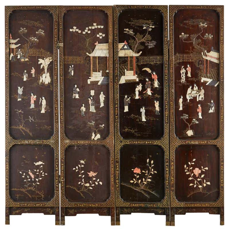 Chinese Qing Four Panel Carved Soapstone Coromandel Screen