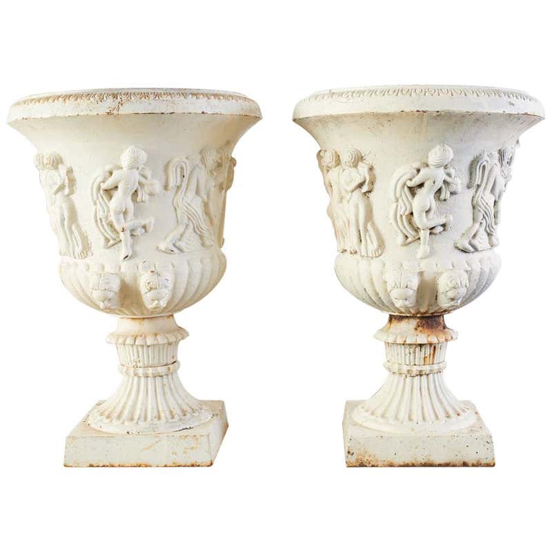 Pair of English Neoclassical Style Iron Garden Urns