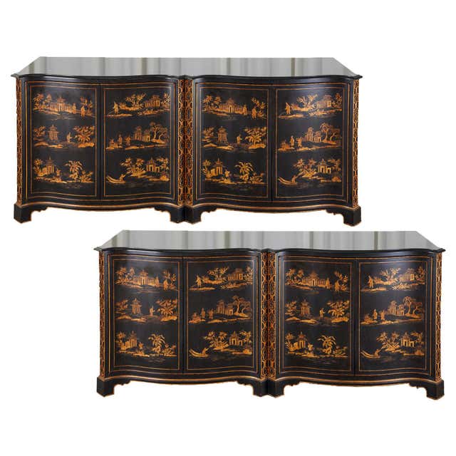 Pair of Nancy Corzine Chinoiserie Marble Top Sideboard Chests