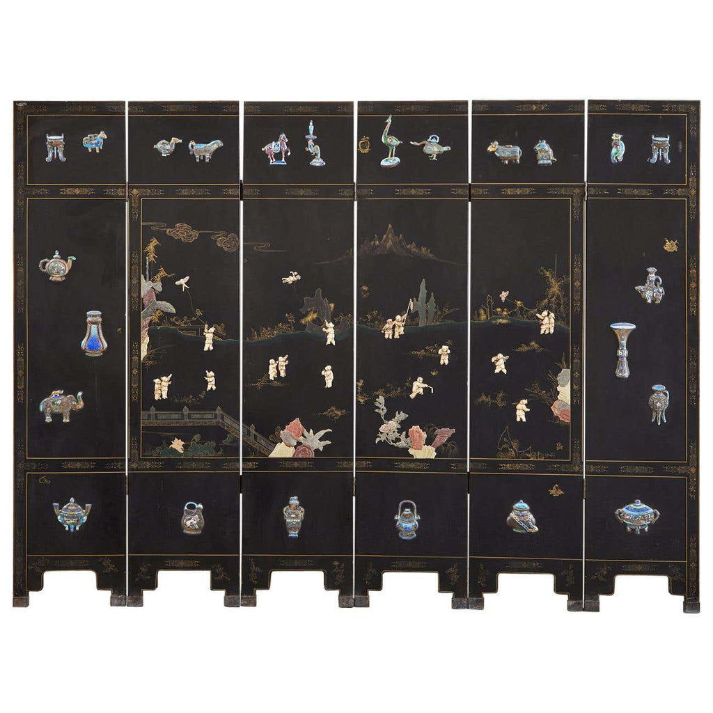Chinese Export Six Panel Cloisonné Soapstone Coromandel Screen