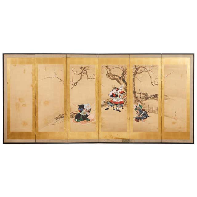 Japanese Edo Six Panel Screen Yoshitsune and Benkei