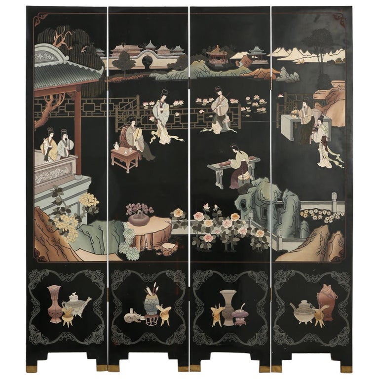 Chinese Export Four Panel Coromandel Screen Pastel Beauties