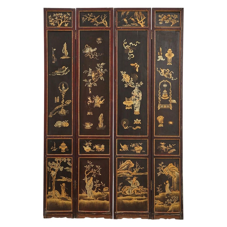 Chinese Qing Four Panel Lacquered Incised Coromandel Screen