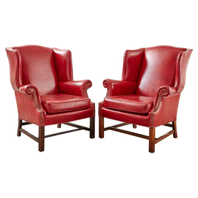 Pair of English Georgian Style Ruby Red Leather Wingback Chairs