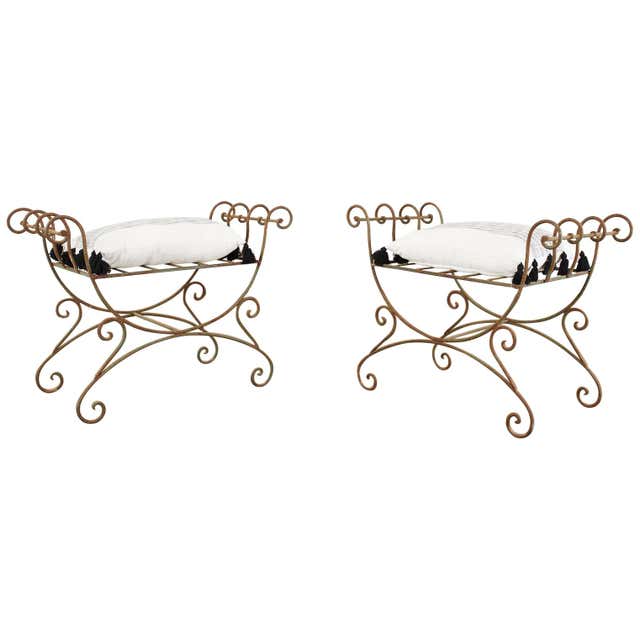 Pair of Hollywood Regency Wrought Iron Curule Benches