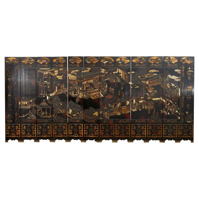 Chinese Qing Twelve Panel Lacquered Coromandel Screen