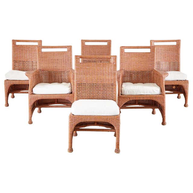 Set of Six McGuire Coral Wicker Rattan Dining Chairs