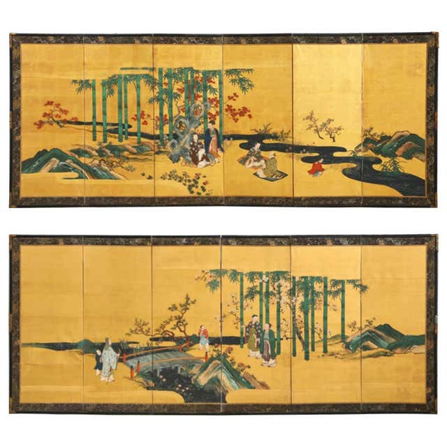 Pair of Japanese Edo Six Panel Screens the Seven Sages