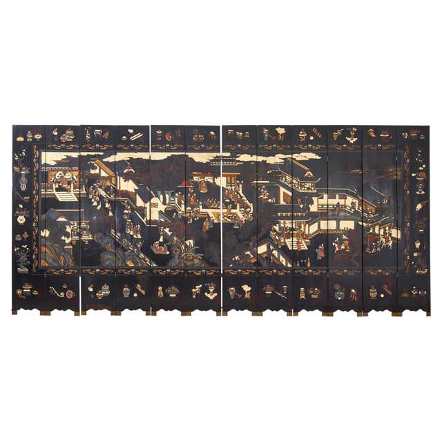 Chinese Export Twelve Panel Coromandel Screen Spring in Han Palace