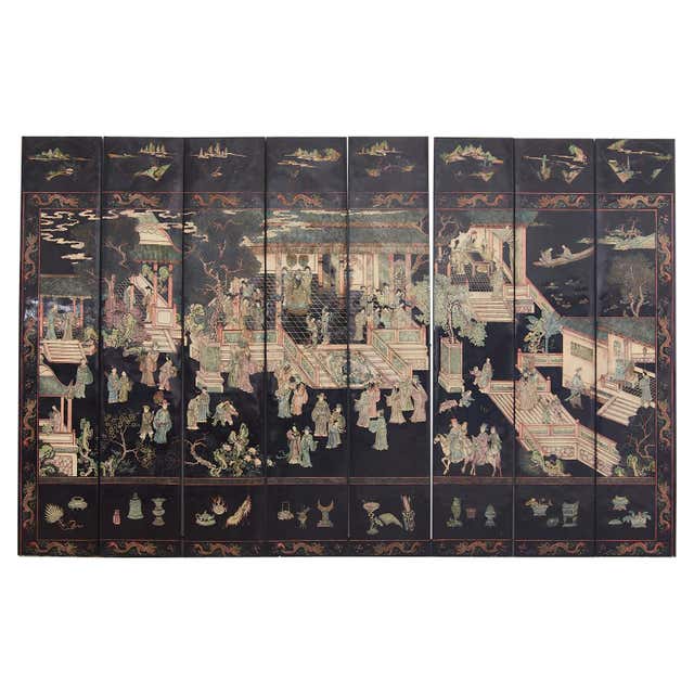Gracie Studio Ming Style Lacquered Eight Panel Coromandel Screen