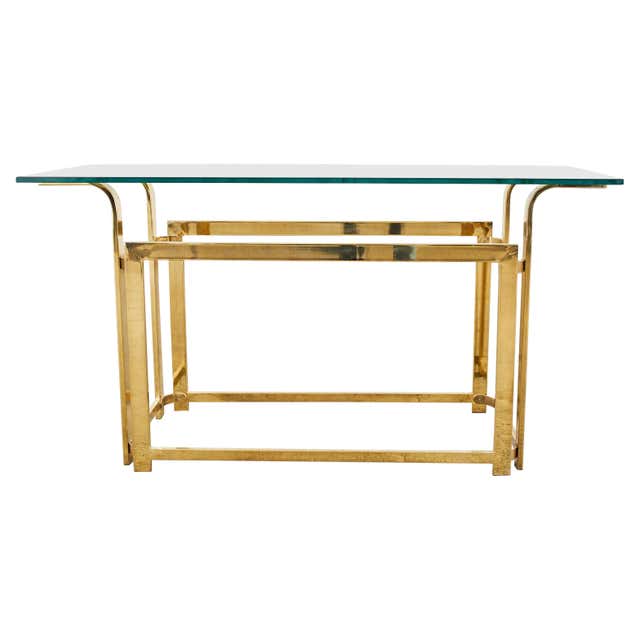 Milo Baughman Style Mid-Century Gold Brass and Glass Console