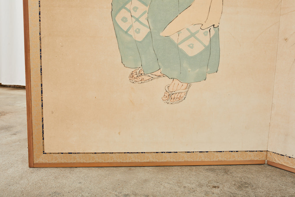 Japanese Taisho Two Panel Screen Heian Period Flute Player