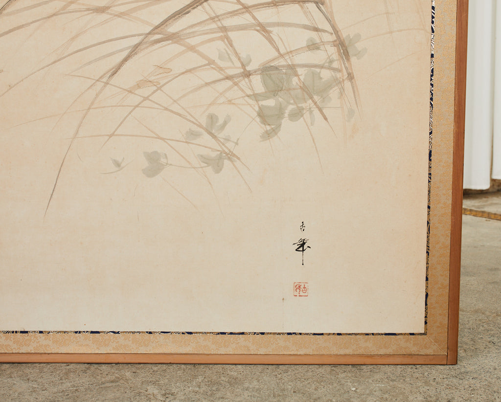 Japanese Taisho Two Panel Screen Heian Period Flute Player