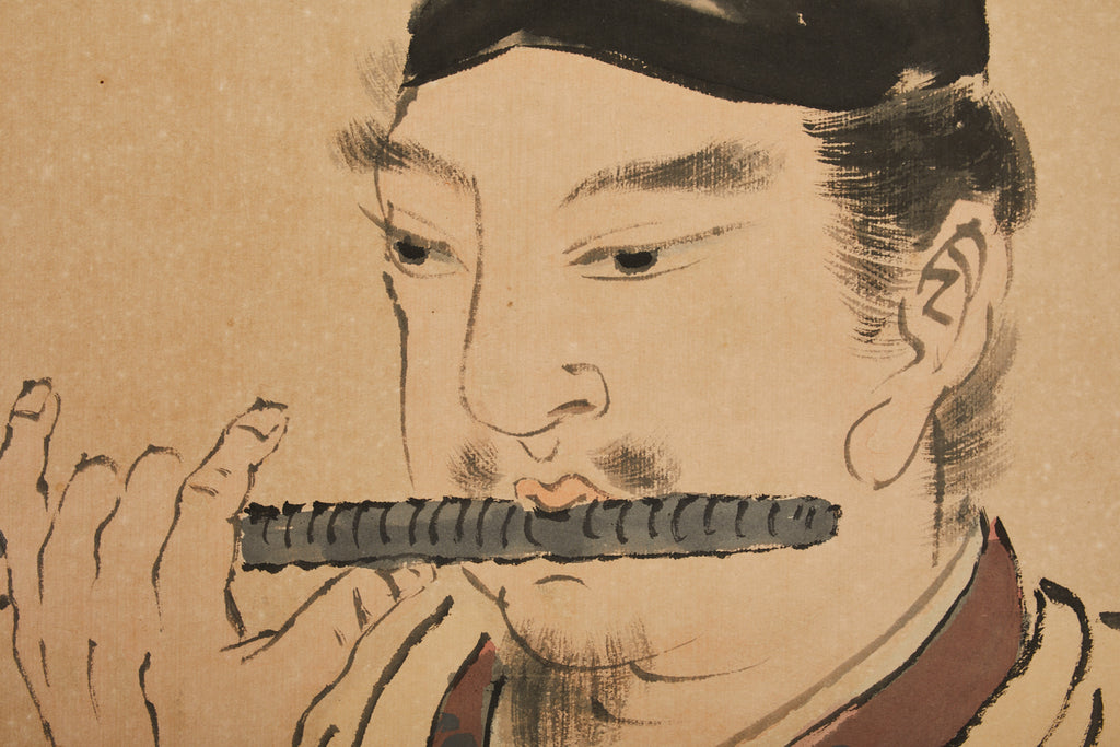 Japanese Taisho Two Panel Screen Heian Period Flute Player