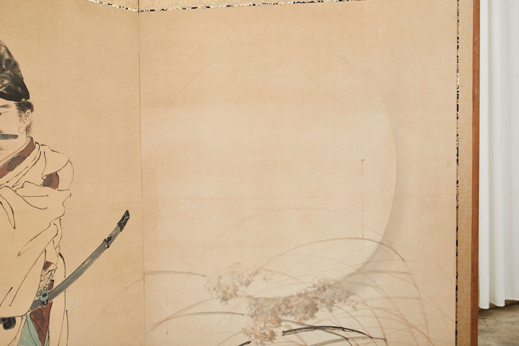 Japanese Taisho Two Panel Screen Heian Period Flute Player