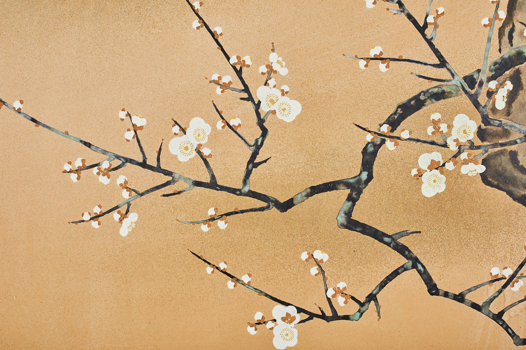 Japanese Showa Two Panel Screen Blossoming Prunus Tree