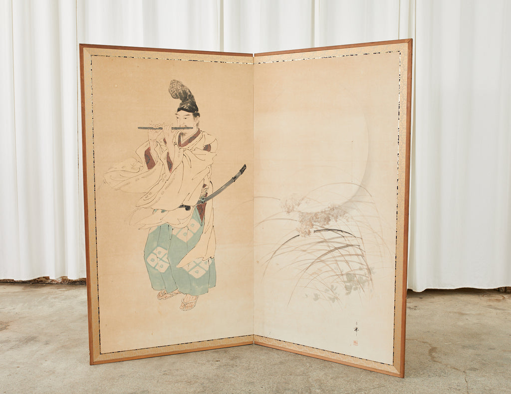 Japanese Taisho Two Panel Screen Heian Period Flute Player