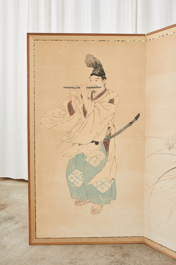 Japanese Taisho Two Panel Screen Heian Period Flute Player