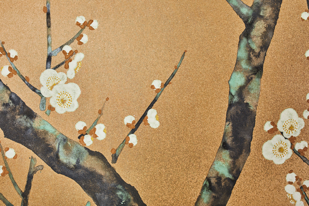 Japanese Showa Two Panel Screen Blossoming Prunus Tree