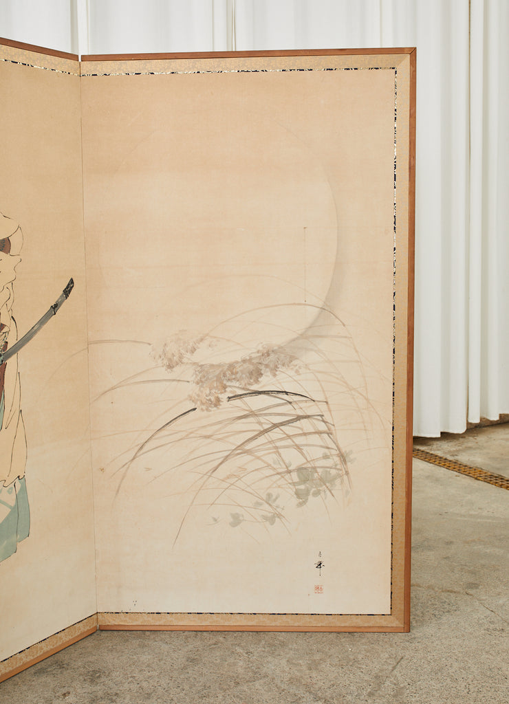 Japanese Taisho Two Panel Screen Heian Period Flute Player