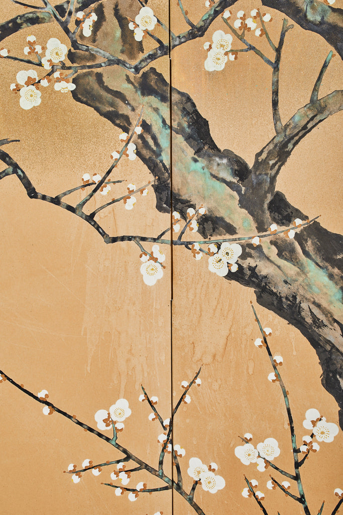 Japanese Showa Two Panel Screen Blossoming Prunus Tree