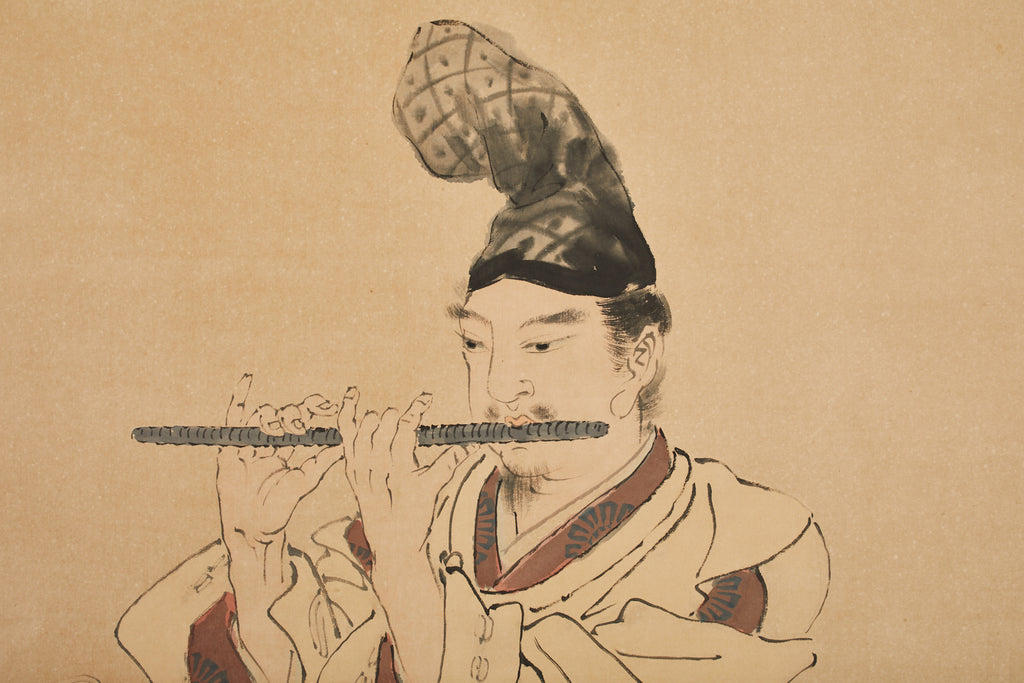 Japanese Taisho Two Panel Screen Heian Period Flute Player