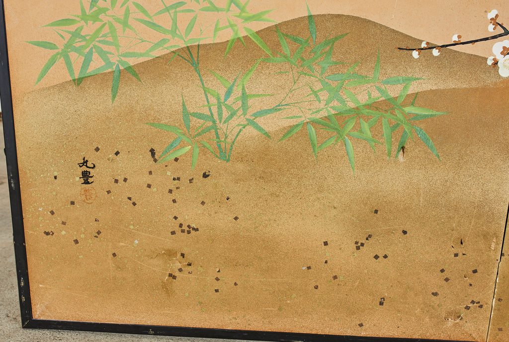 Japanese Showa Two Panel Screen Blossoming Prunus Tree