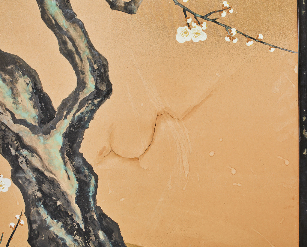 Japanese Showa Two Panel Screen Blossoming Prunus Tree