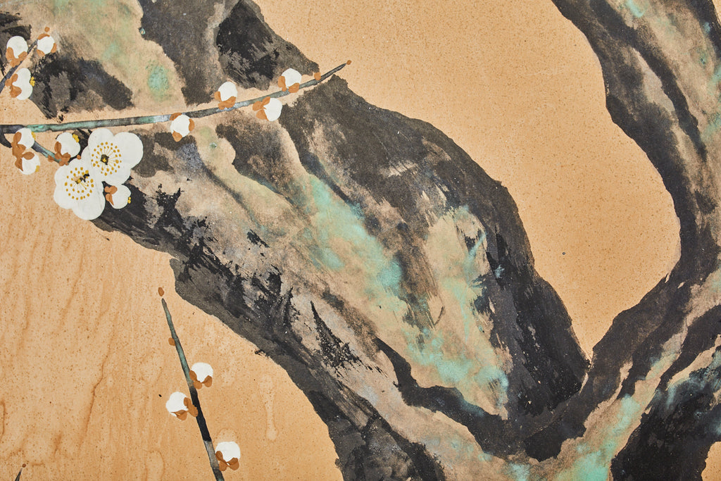 Japanese Showa Two Panel Screen Blossoming Prunus Tree