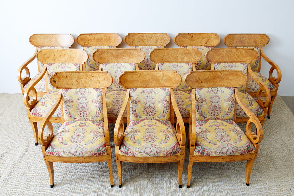 Set of Twelve Baker Regency Style Burl Wood Klismos Armchairs