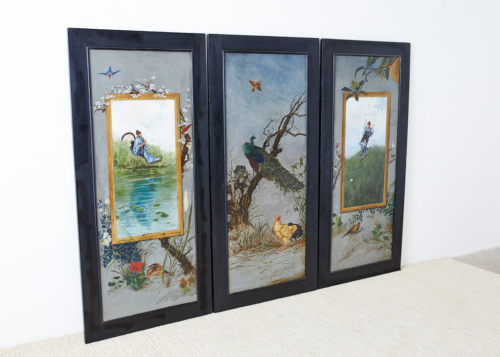 Set of Three French Chinoiserie Framed Canvas Paintings