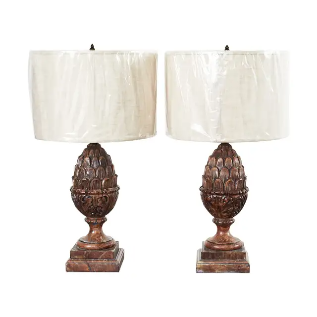 Pair of Neoclassical Style Carved Alabaster Acorn Table Lamps
