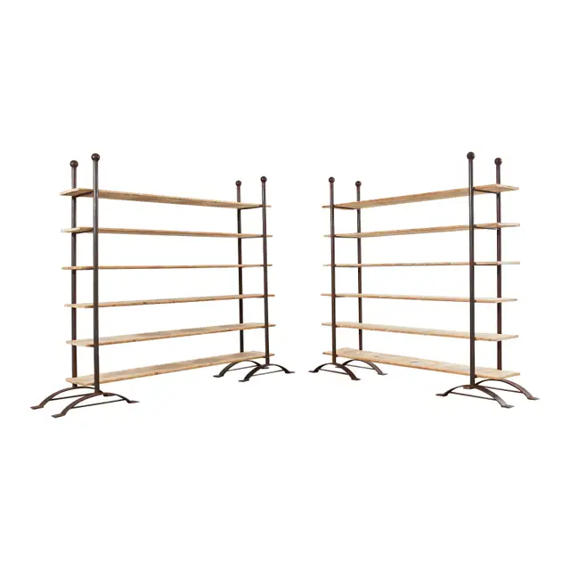 Pair of Patinated Iron and Pine Bakers Rack or Bookshelves