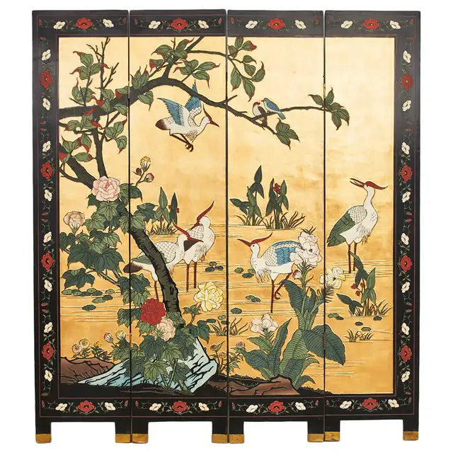 Chinese Export Four Panel Coromandel Screen Cranes on Gold Leaf