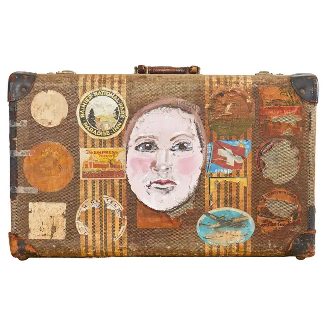 Folk Art Painted Face Suitcase by Artist Ira Yeager