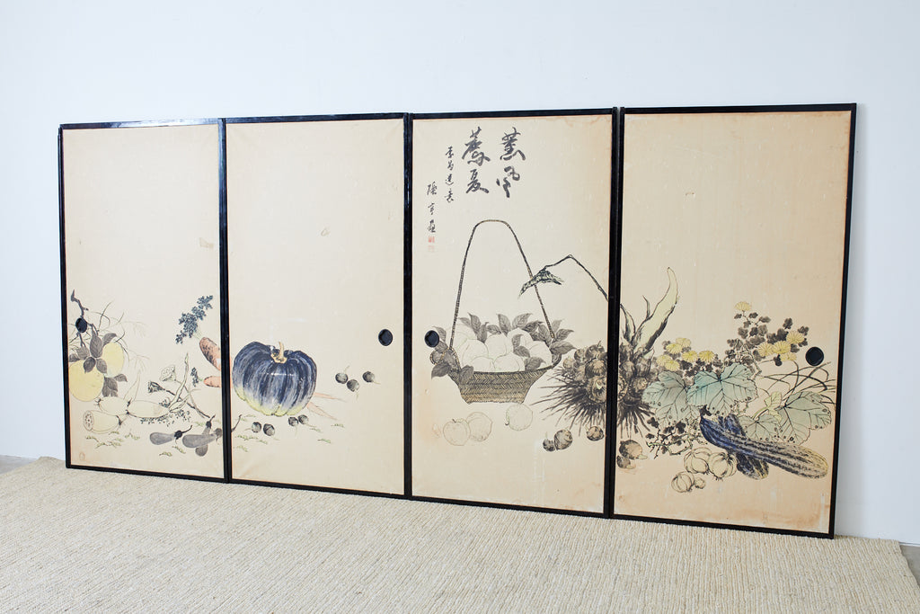 Set of Four Japanese Fusuma Painted Door Panels