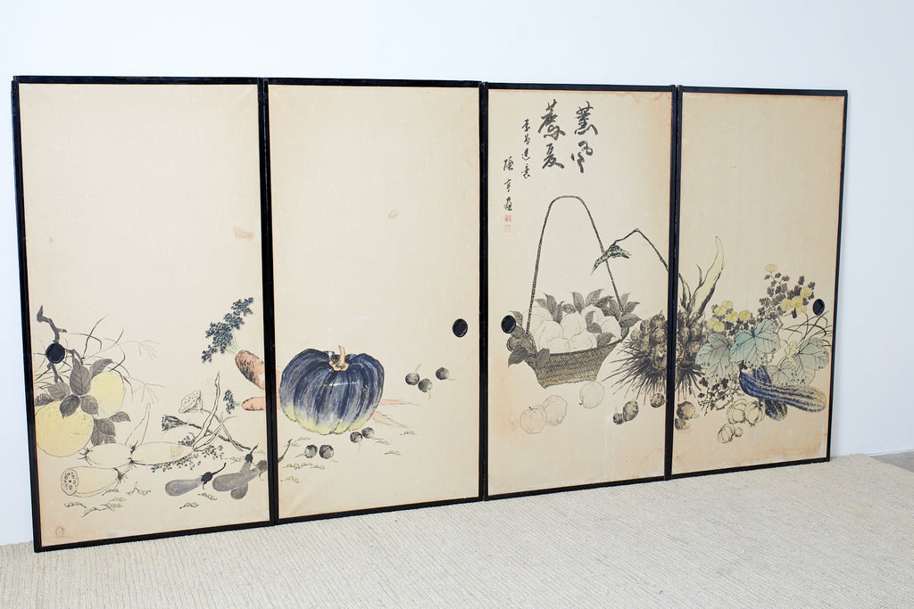 Set of Four Japanese Fusuma Painted Door Panels