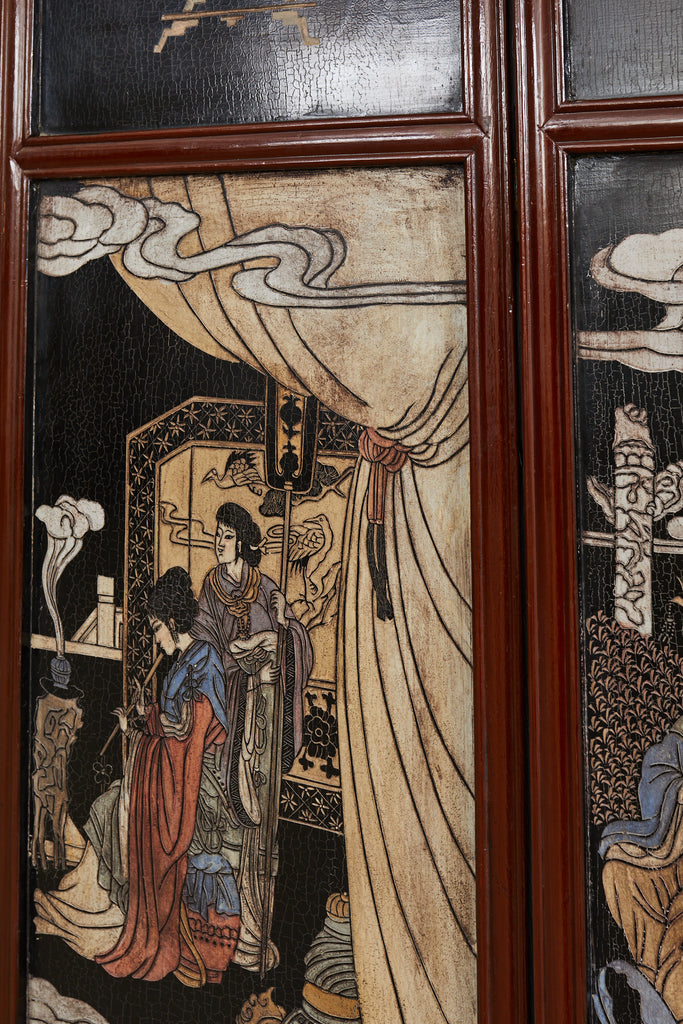 Chinese Export Four Panel Lacquered Coromandel Screen