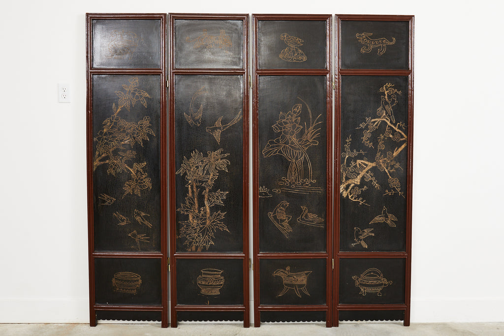 Chinese Export Four Panel Lacquered Coromandel Screen