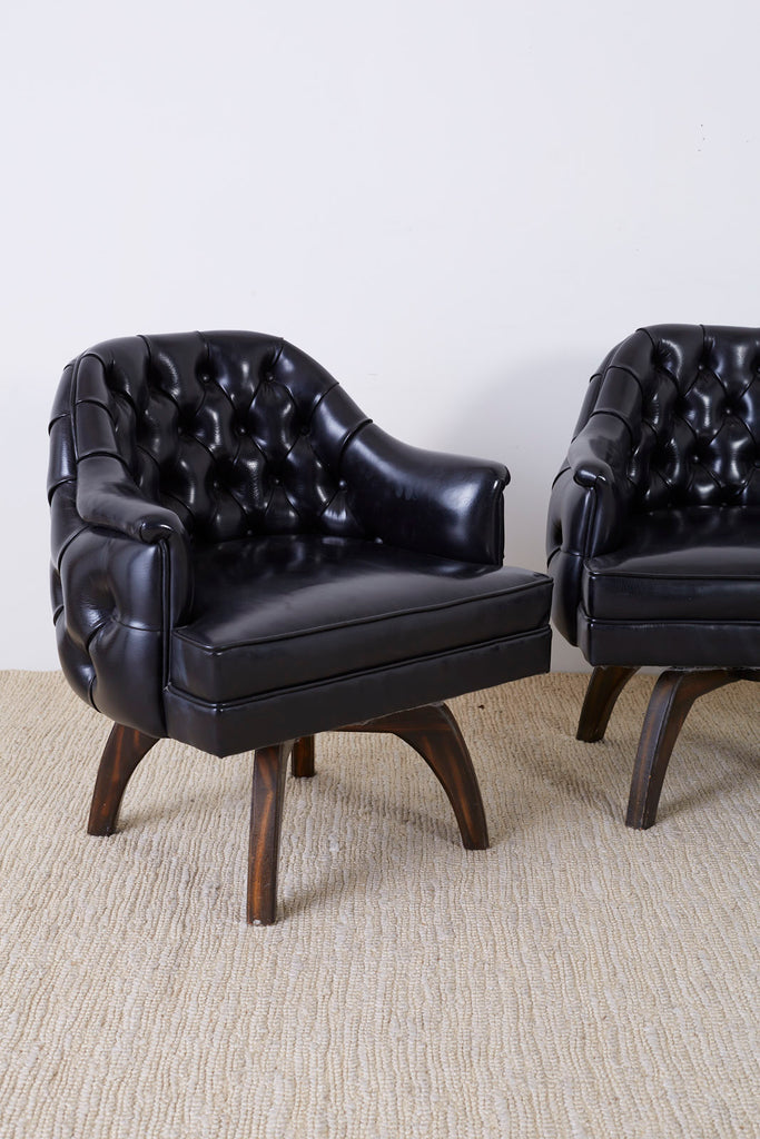Set of Three Mid Century Tufted Black Leatherette Club Chairs