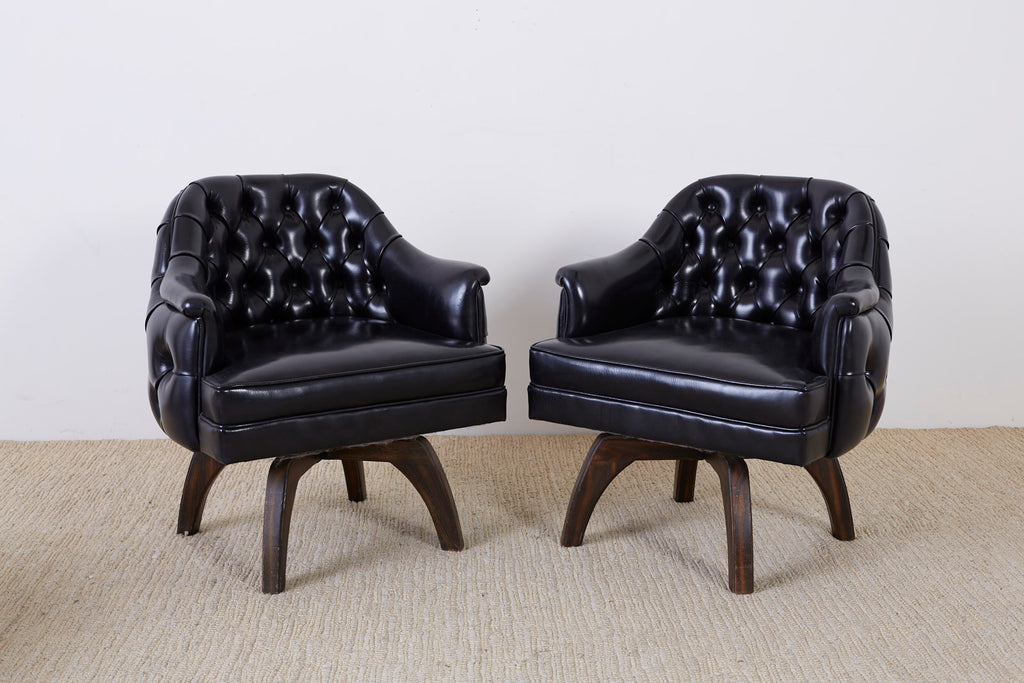 Set of Three Mid Century Tufted Black Leatherette Club Chairs