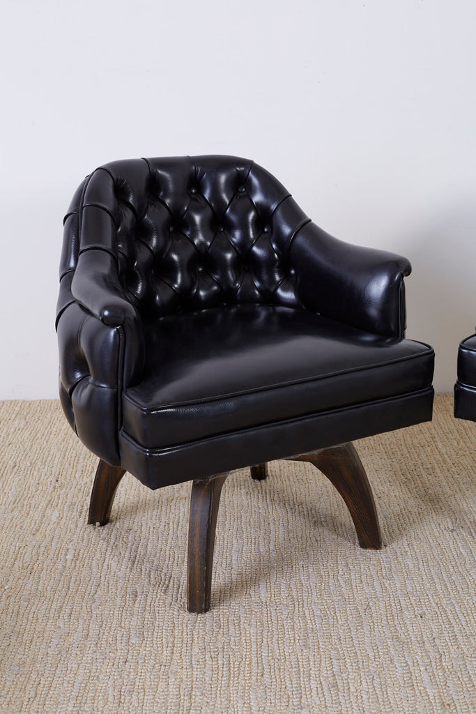 Set of Three Mid Century Tufted Black Leatherette Club Chairs