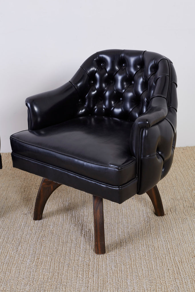 Set of Three Mid Century Tufted Black Leatherette Club Chairs
