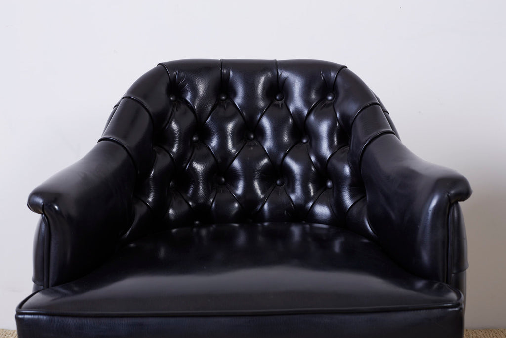 Set of Three Mid Century Tufted Black Leatherette Club Chairs