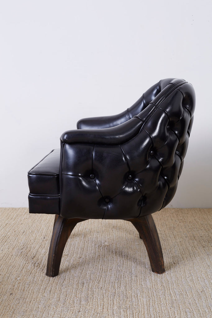 Set of Three Mid Century Tufted Black Leatherette Club Chairs