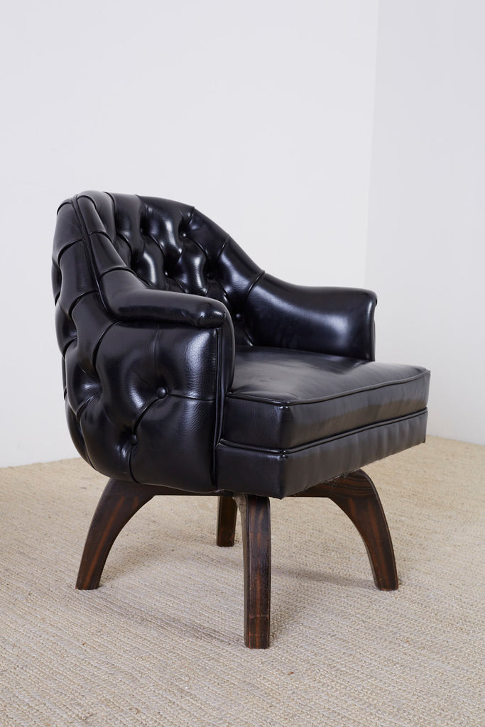 Set of Three Mid Century Tufted Black Leatherette Club Chairs