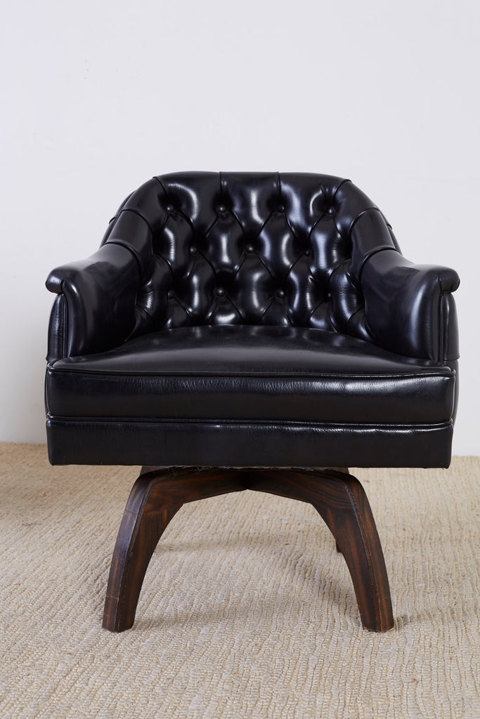 Set of Three Mid Century Tufted Black Leatherette Club Chairs