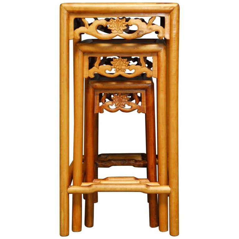 Set of Three Chinese Lotus Blossom Stacked Nesting Tables