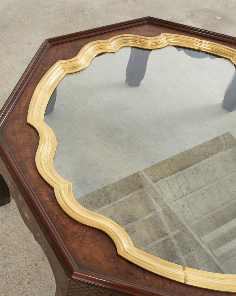 Baker Chinoiserie Octagonal Lacquered Brass Tray Cocktail Table