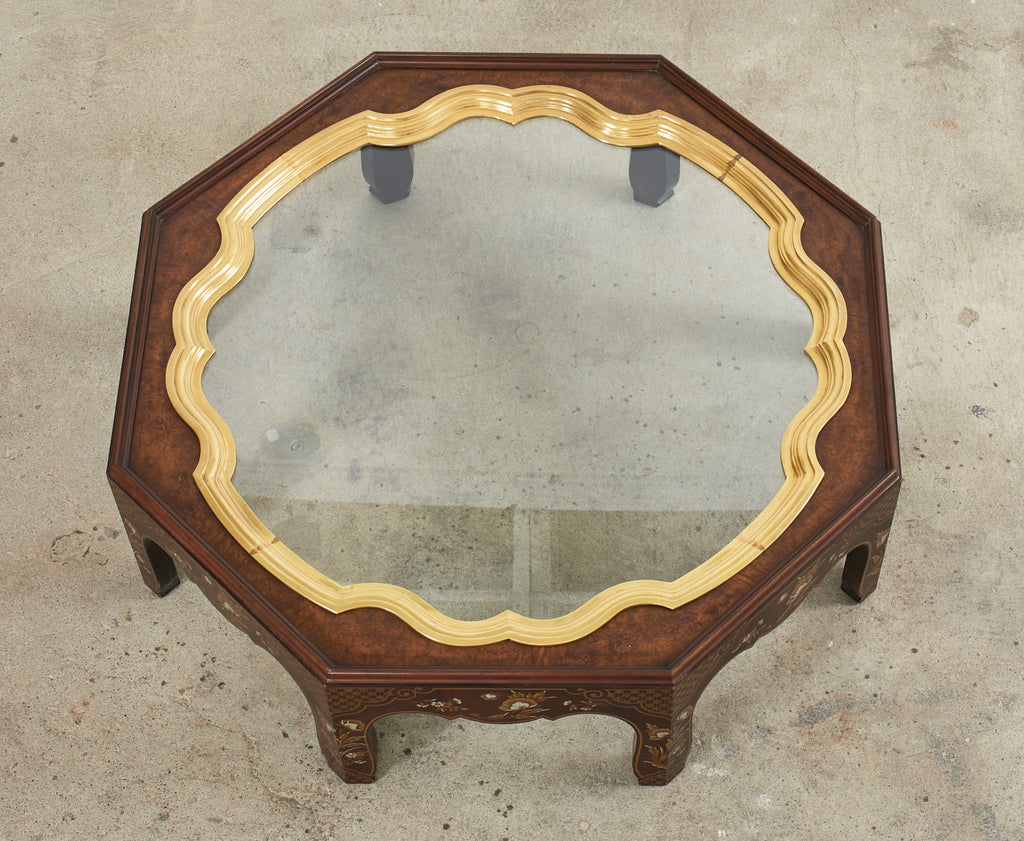 Baker Chinoiserie Octagonal Lacquered Brass Tray Cocktail Table